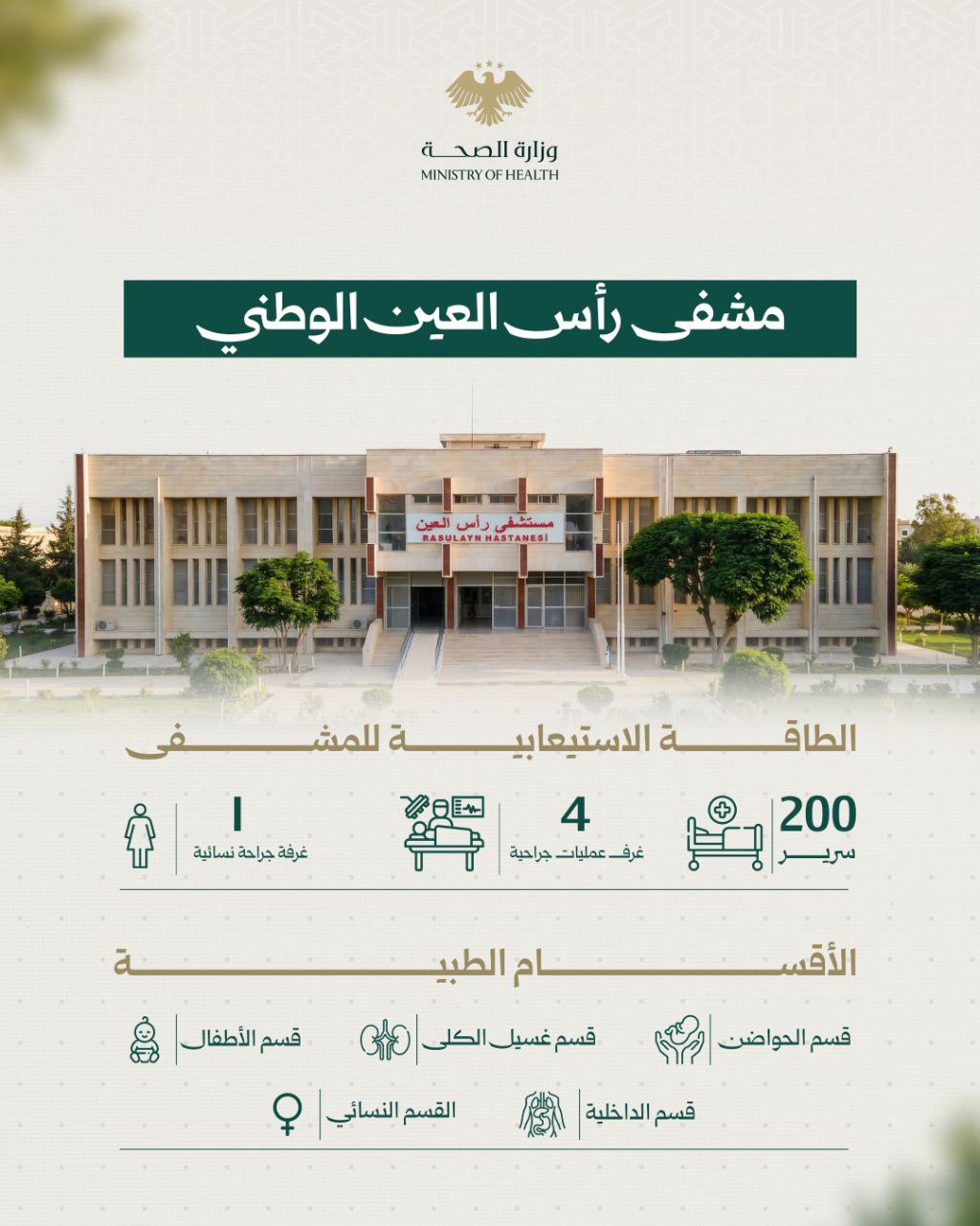 مشفى رأس العين الوطني: خدمات طبية متخصّصة ضمن منشأة بسعة 200 سرير